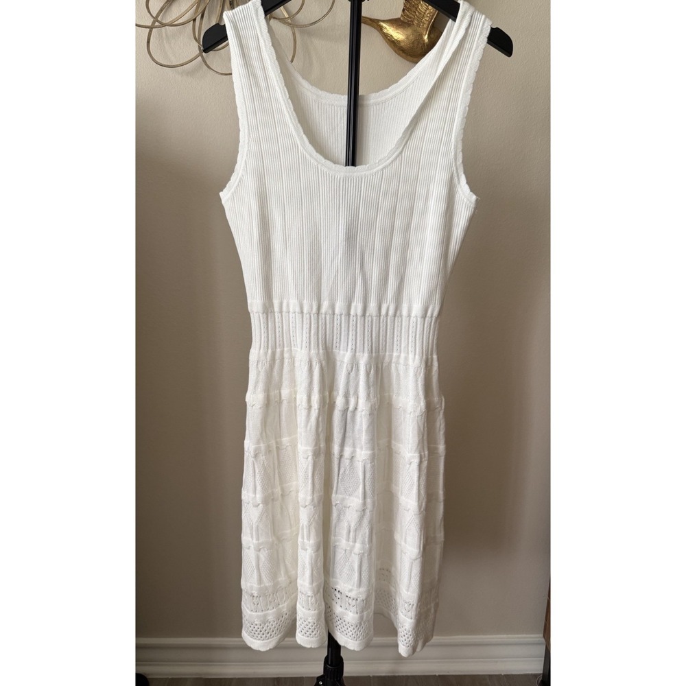 Womens White Knit Sleeveless Dress XL Fit‎ Flare Eyelet Stretch Midi